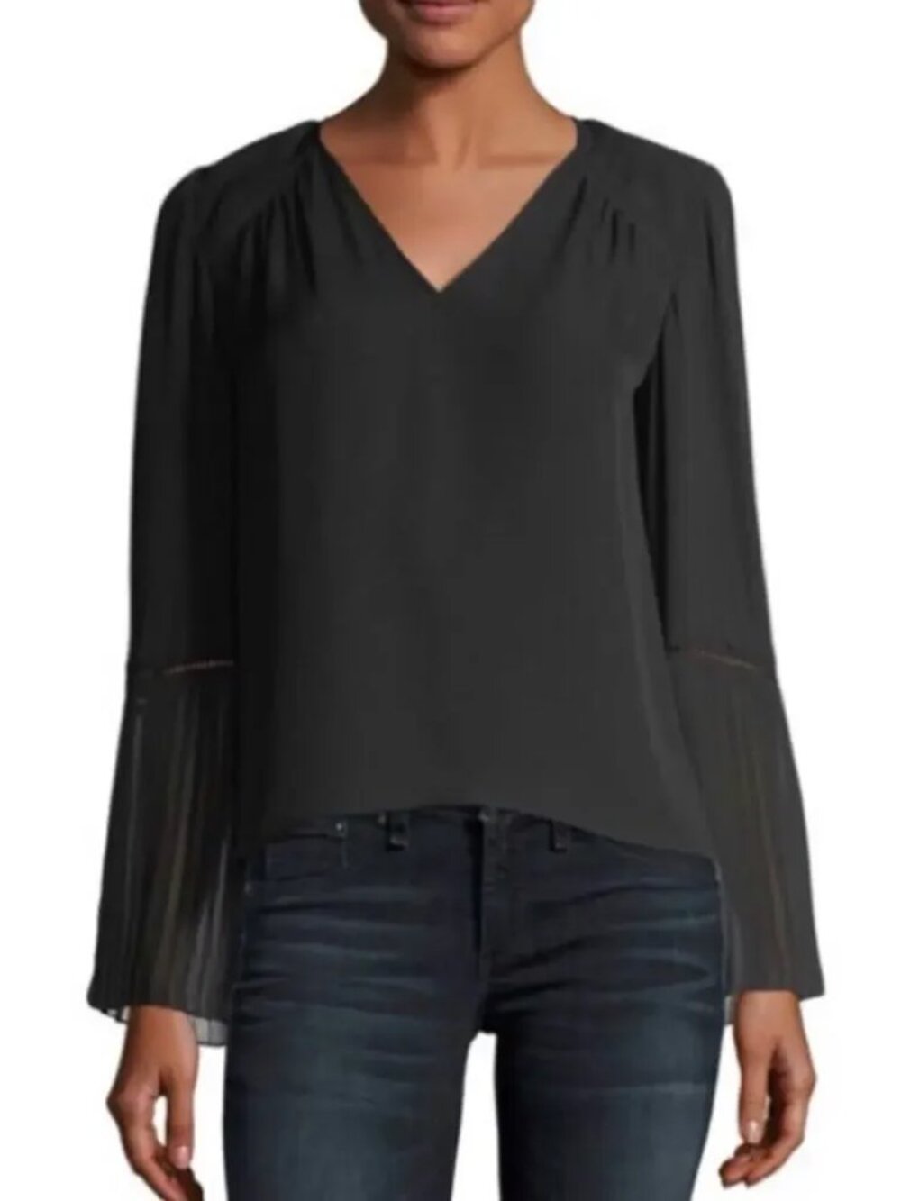 Ramy Brook Sonia Black 100% Silk Pleated Sleeve V Neck Blouse – Size S NWT